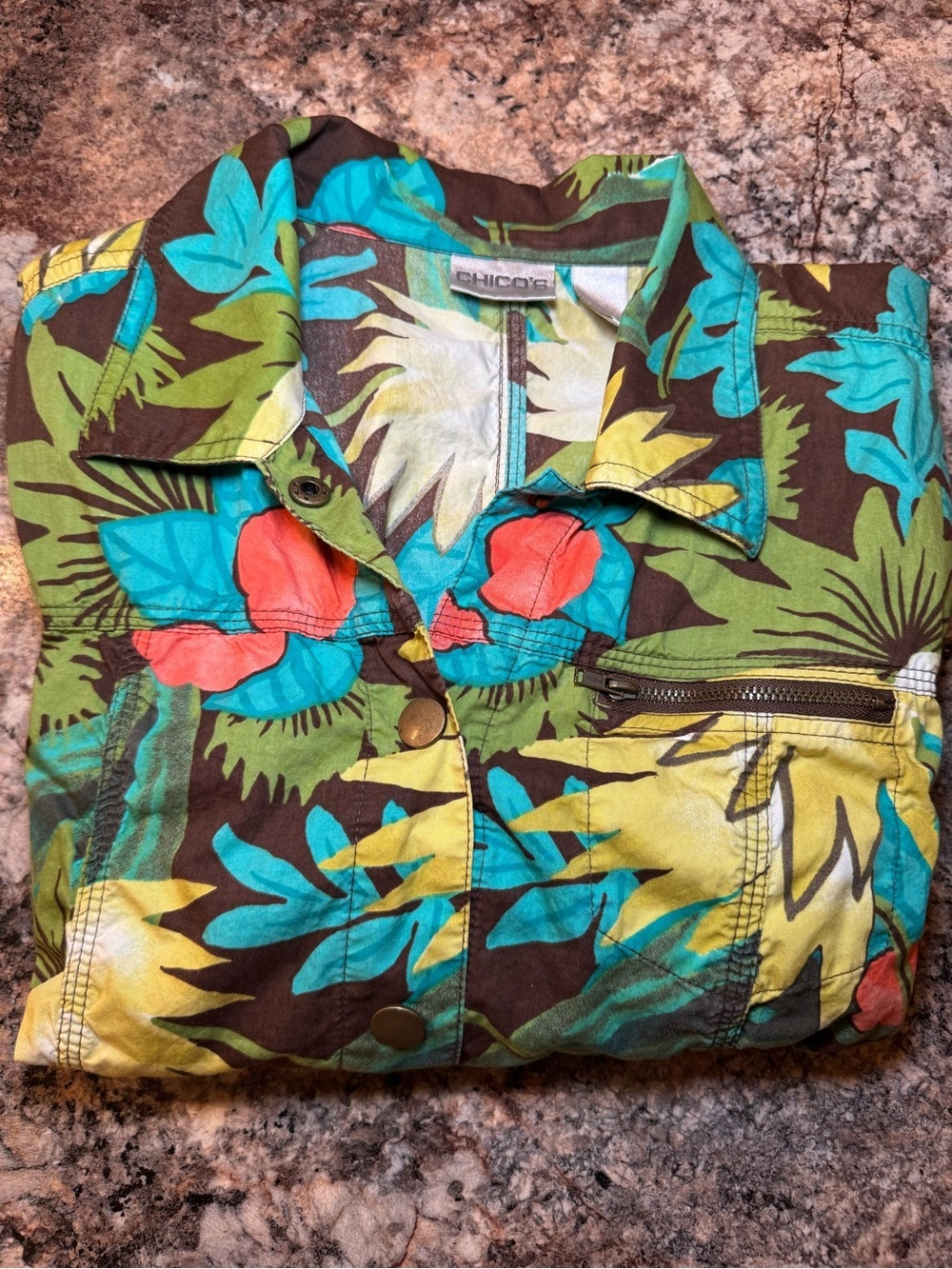 Chico's Green, Teal & Brown Tropical Print Top
